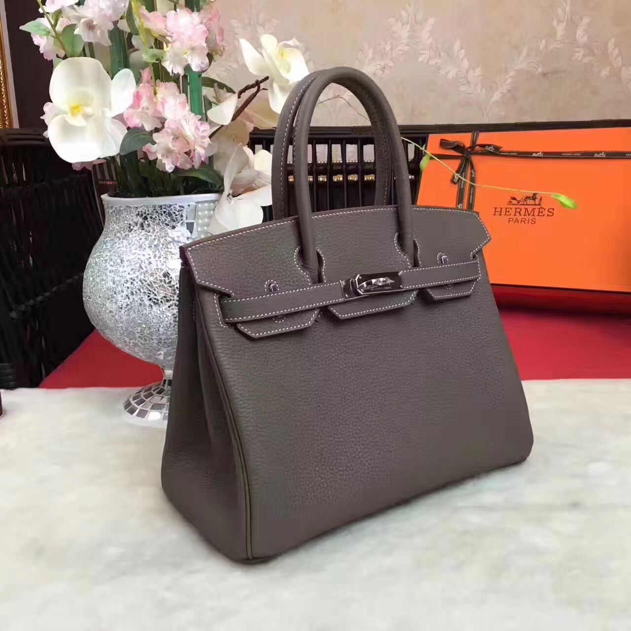 Hermes Birkin top gray leather dark handbags