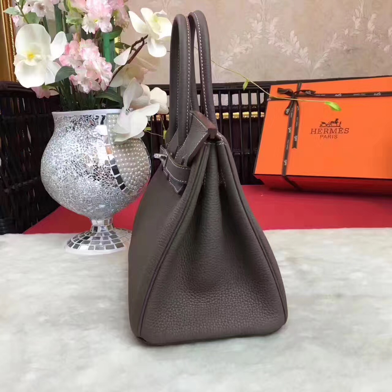 Hermes Birkin top gray leather dark handbags