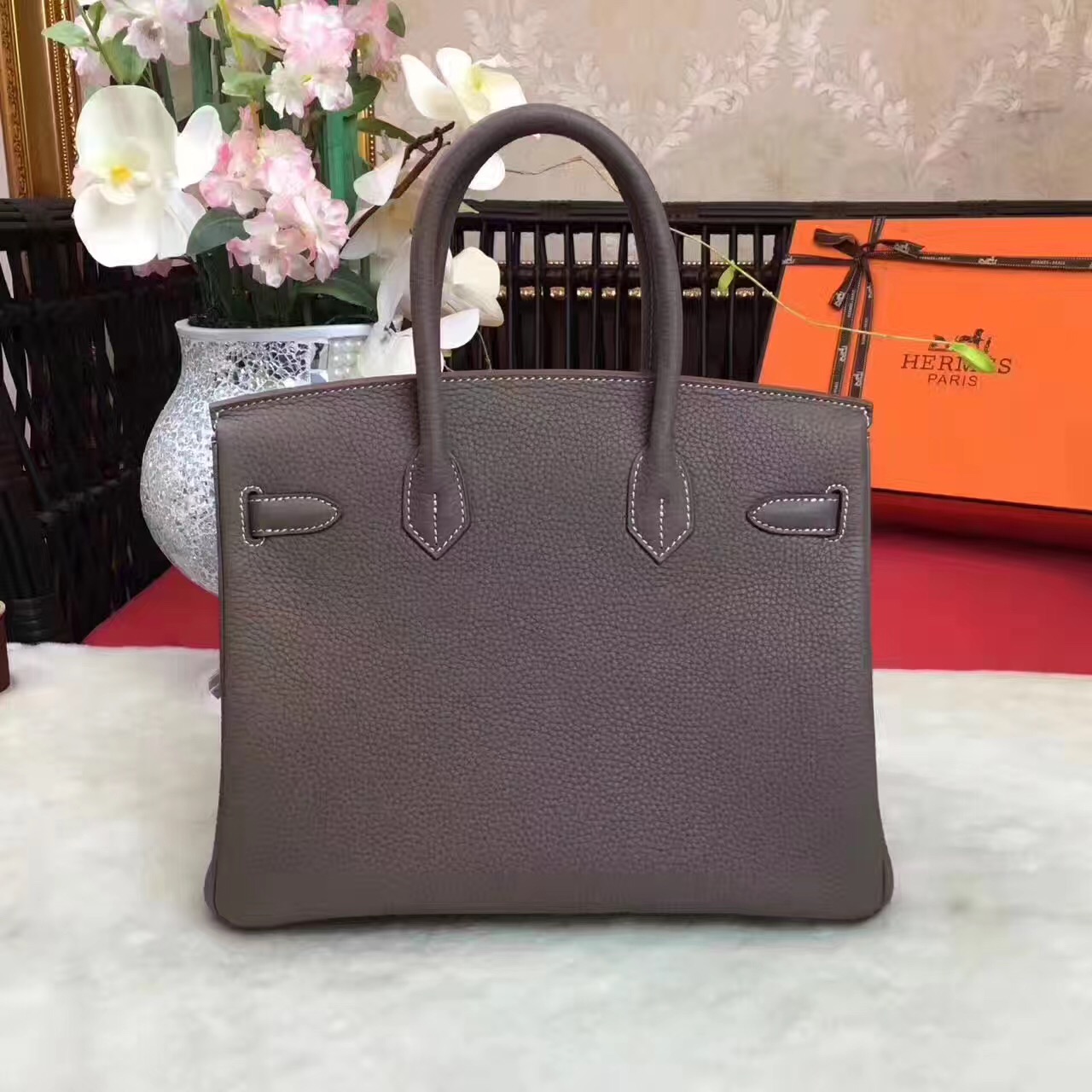 Hermes Birkin top gray leather dark handbags