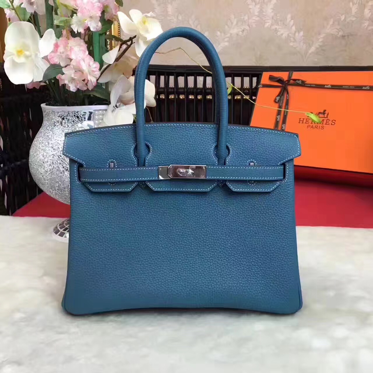 Hermes Birkin top leather navy handbags