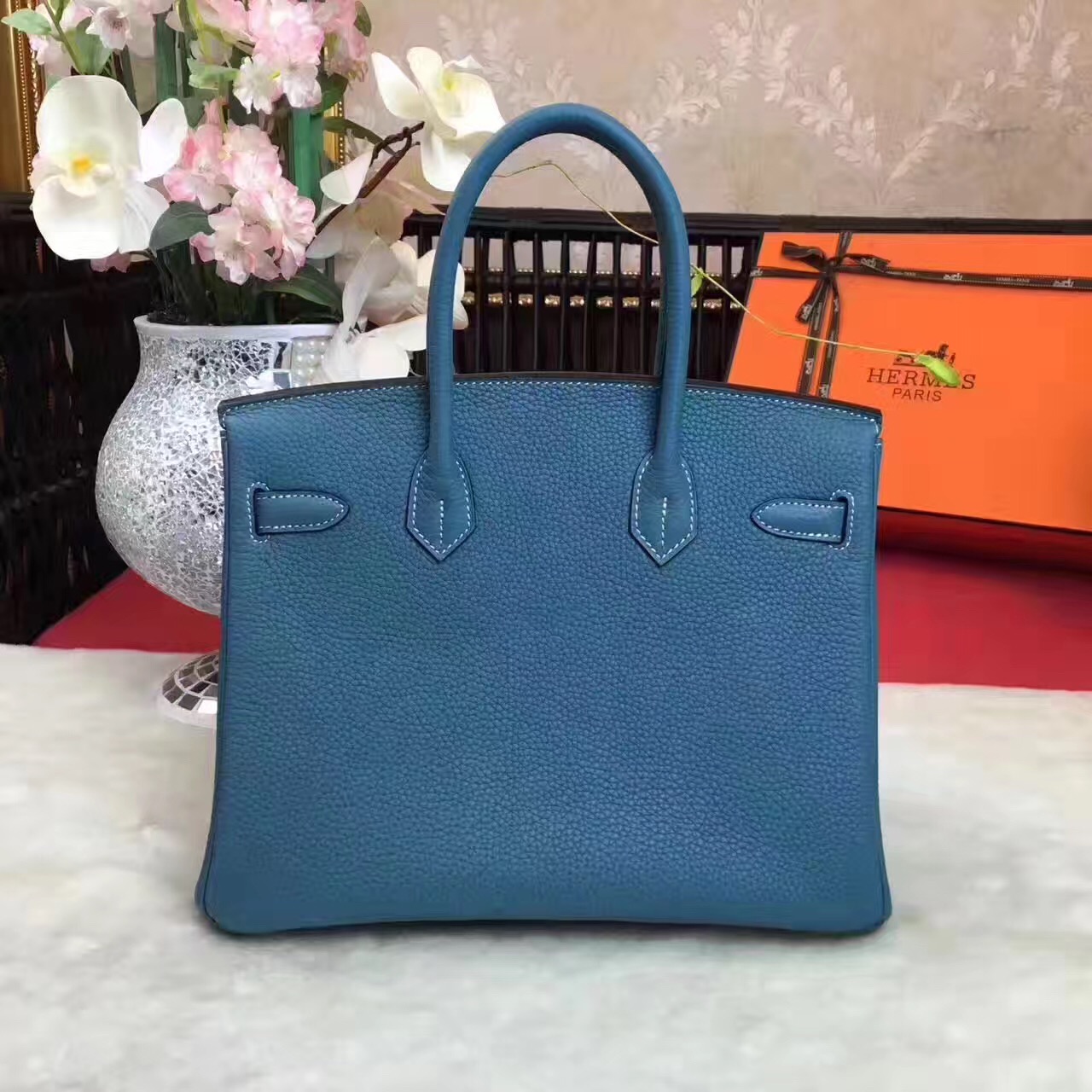 Hermes Birkin top leather navy handbags