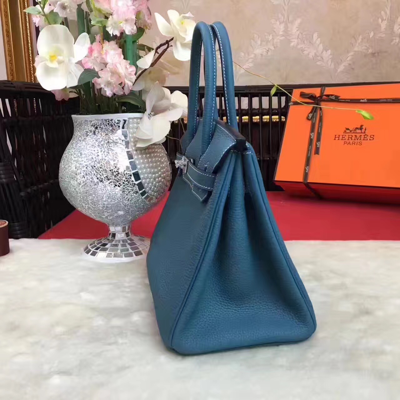 Hermes Birkin top leather navy handbags