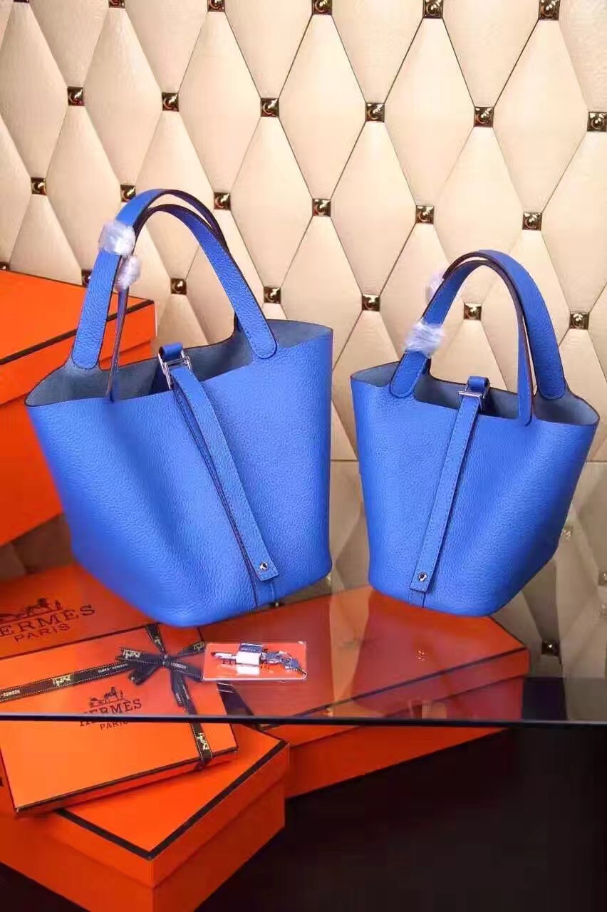 Hermes picotin lock blue top leather handbags