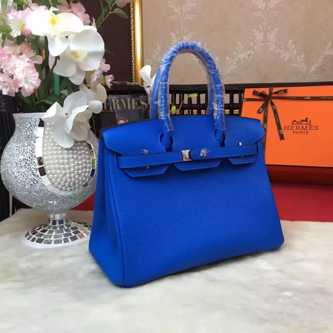 Hermes Birkin top leather blue handbags