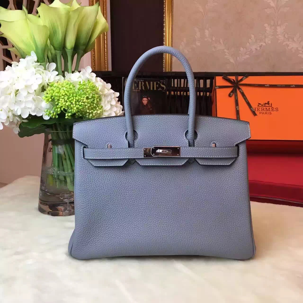 Hermes top leather gray Birkin handbags