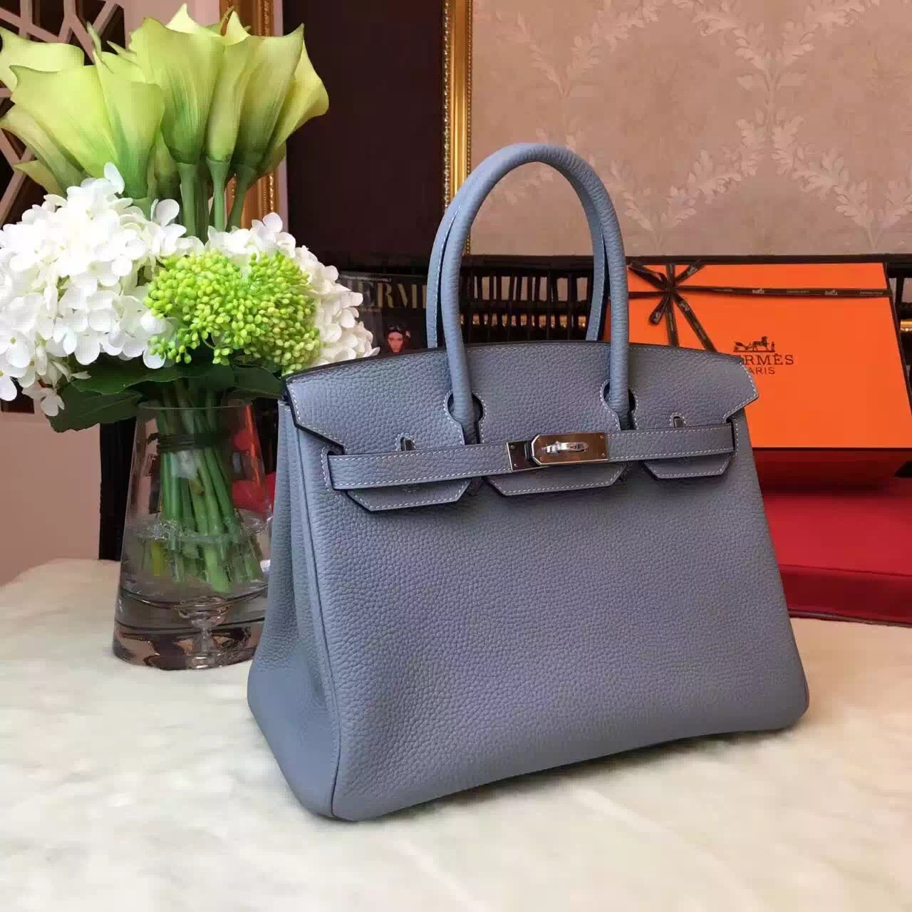 Hermes top leather gray Birkin handbags