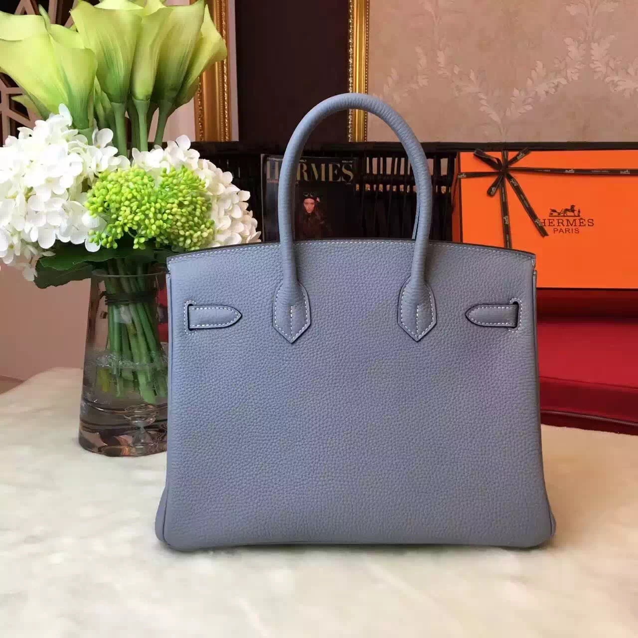 Hermes top leather gray Birkin handbags