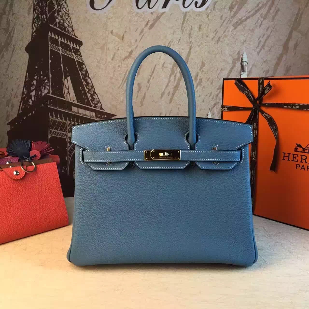 Hermes top leather Birkin light blue handbags
