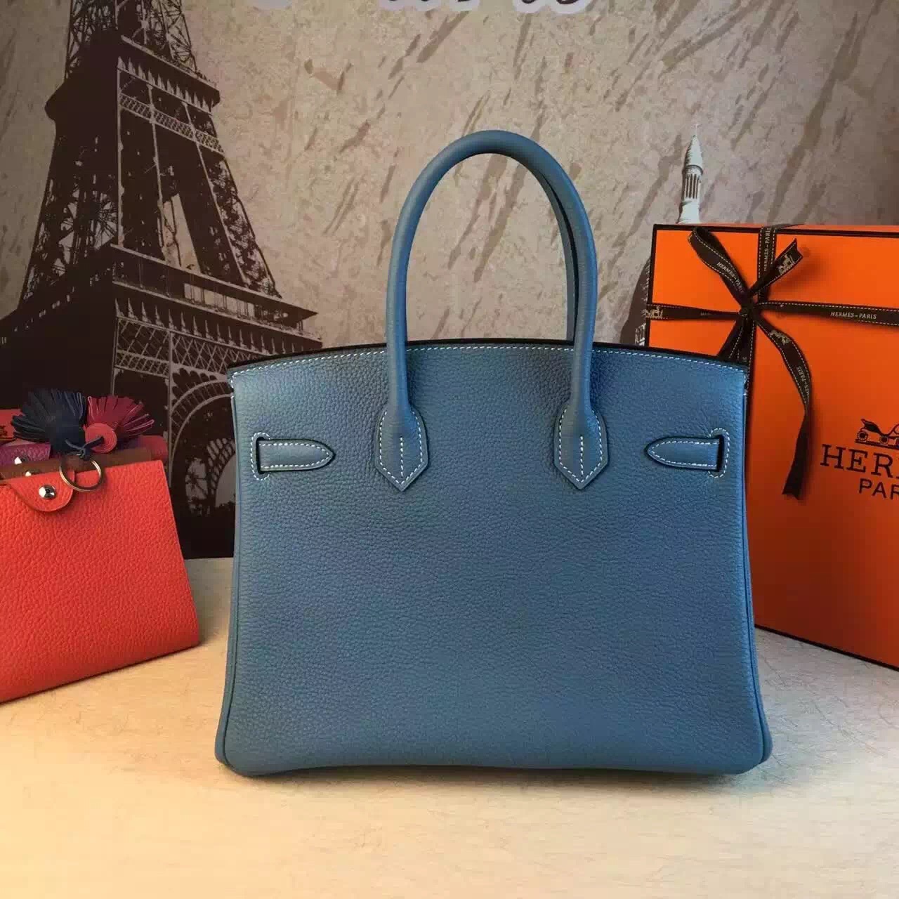 Hermes top leather Birkin light blue handbags