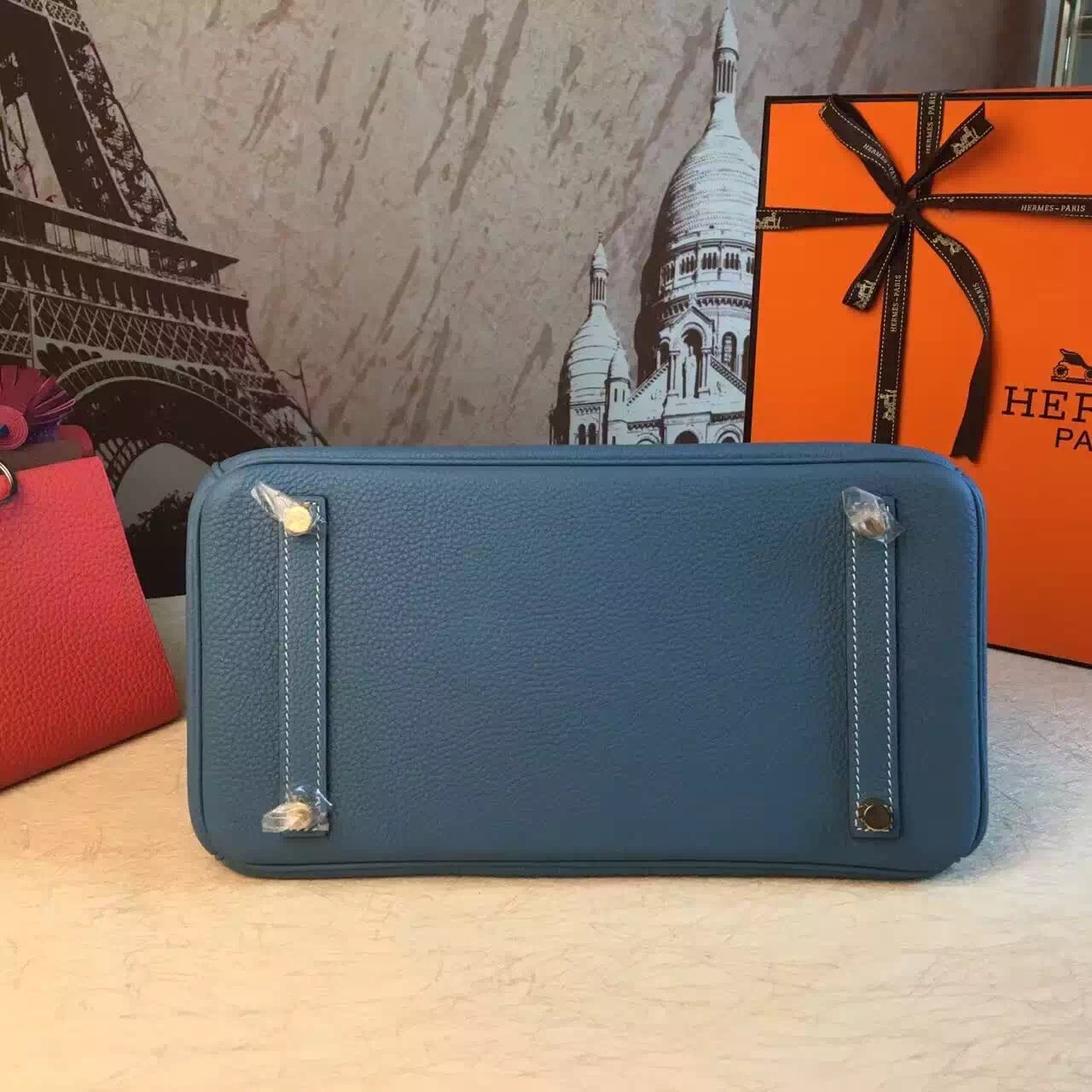 Hermes top leather Birkin light blue handbags