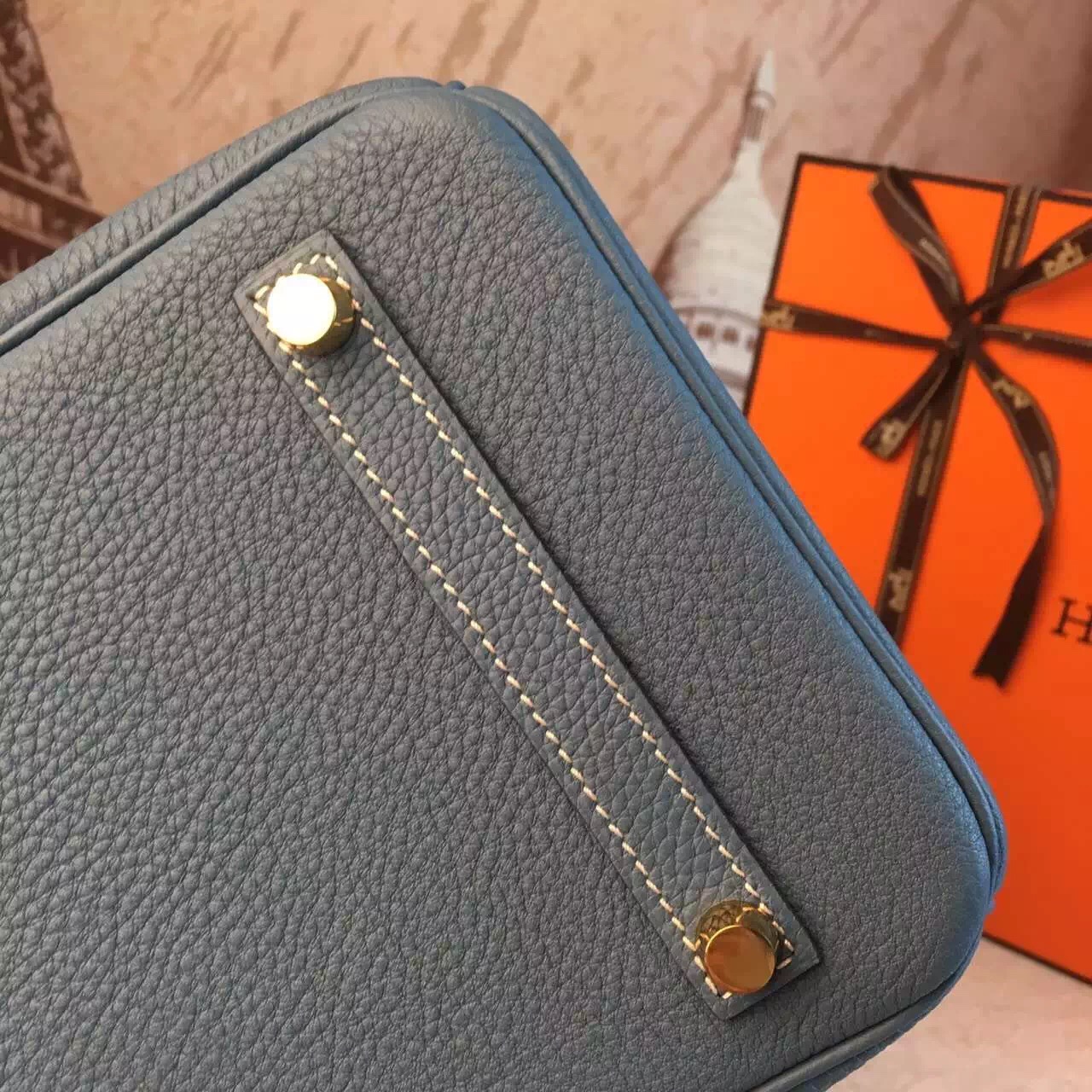 Hermes top leather Birkin light blue handbags