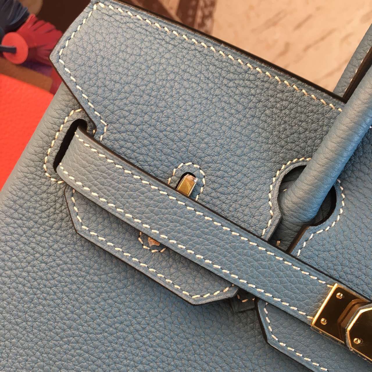 Hermes top leather Birkin light blue handbags