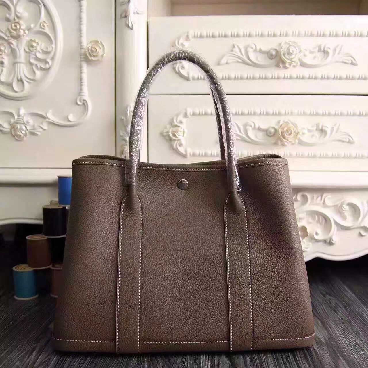 Hermes Garden Party gray top leather handbags