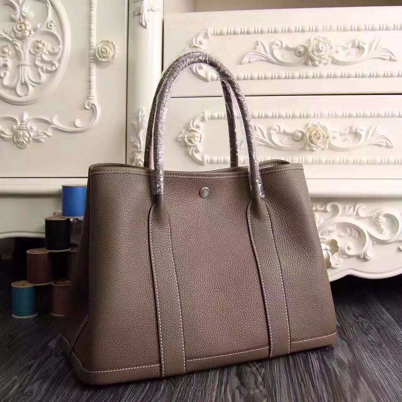 Hermes Garden Party gray top leather handbags