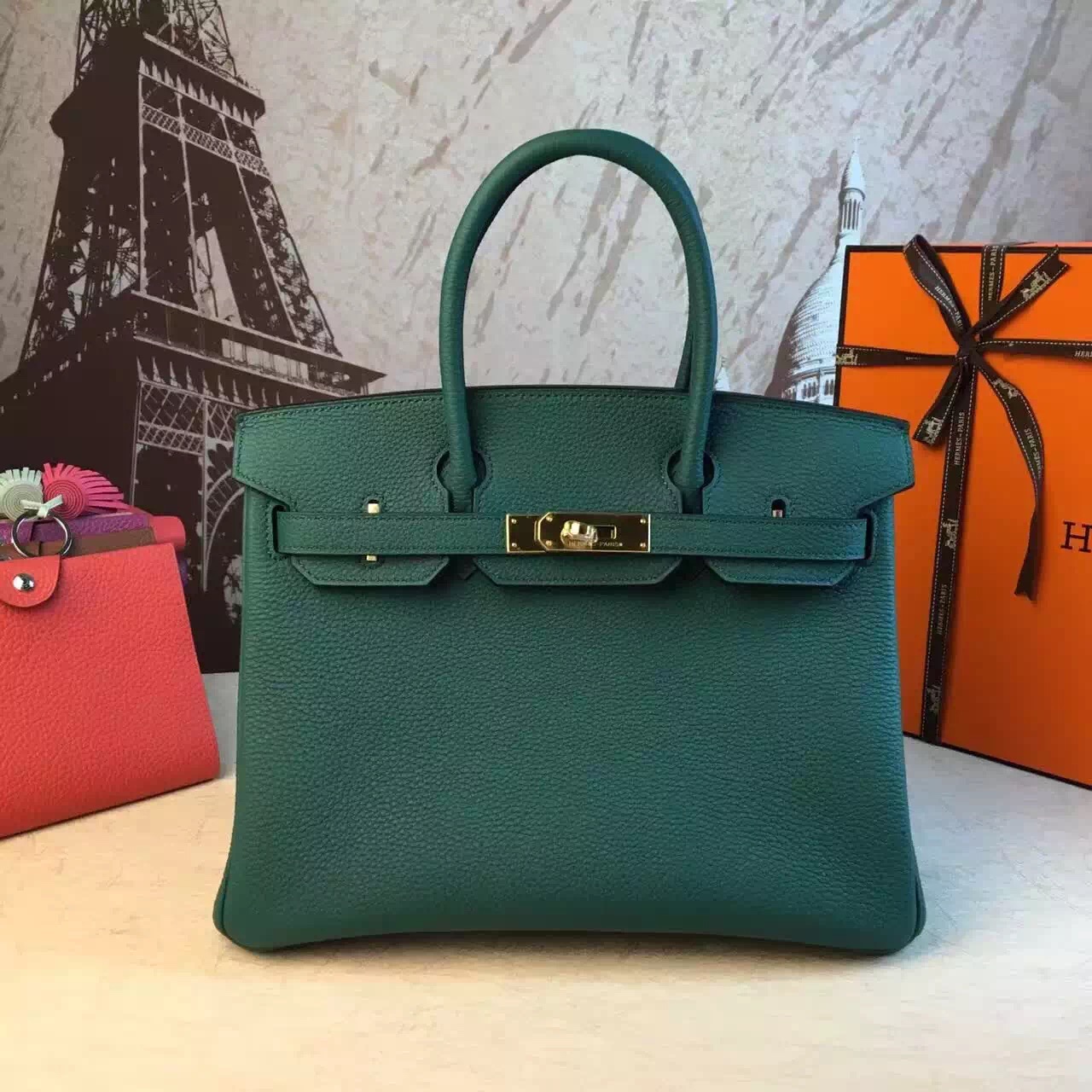 Hermes top leather green Birkin handbags