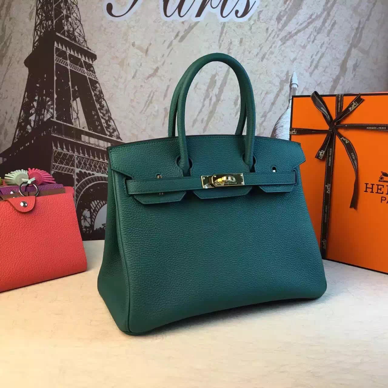 Hermes top leather green Birkin handbags