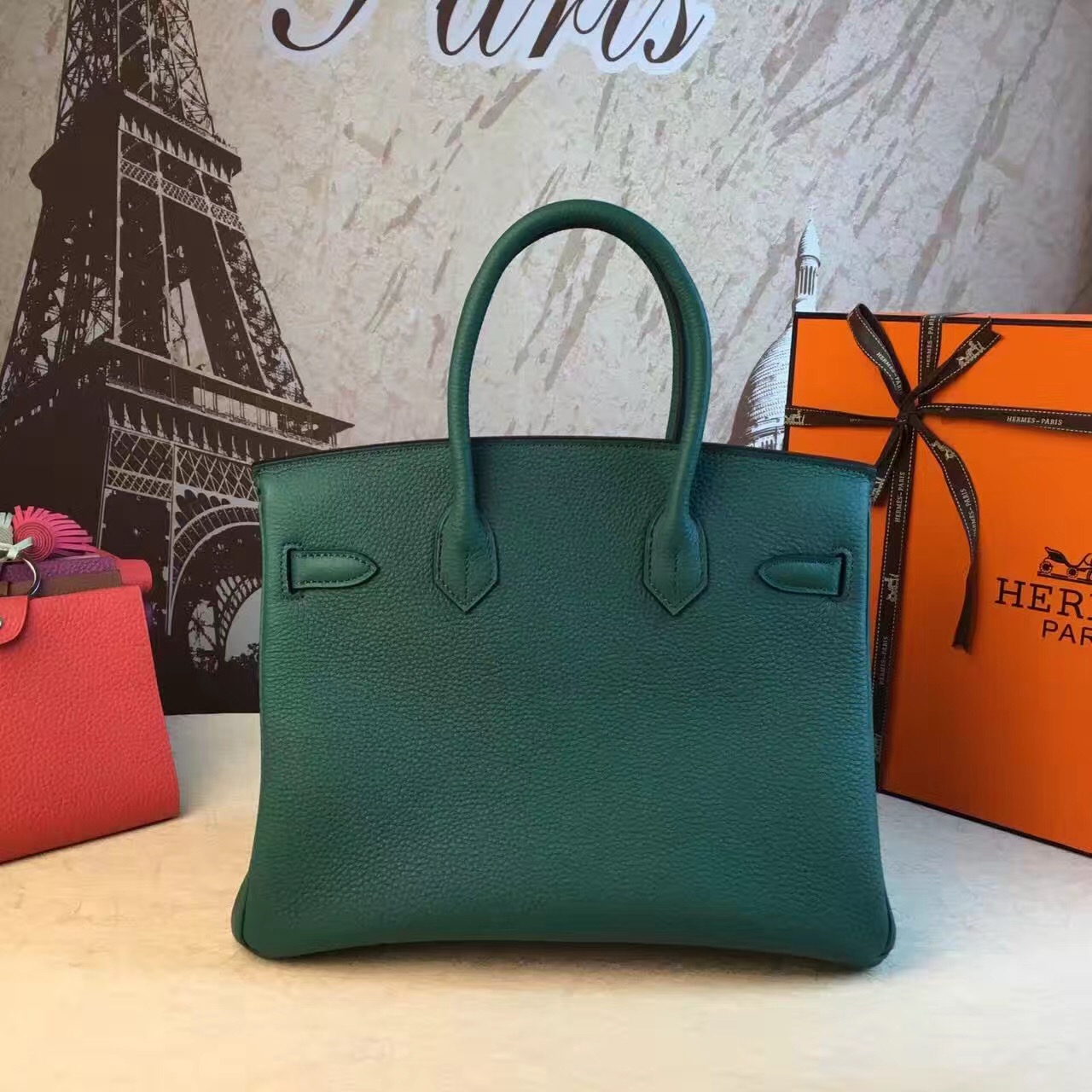 Hermes top leather green Birkin handbags