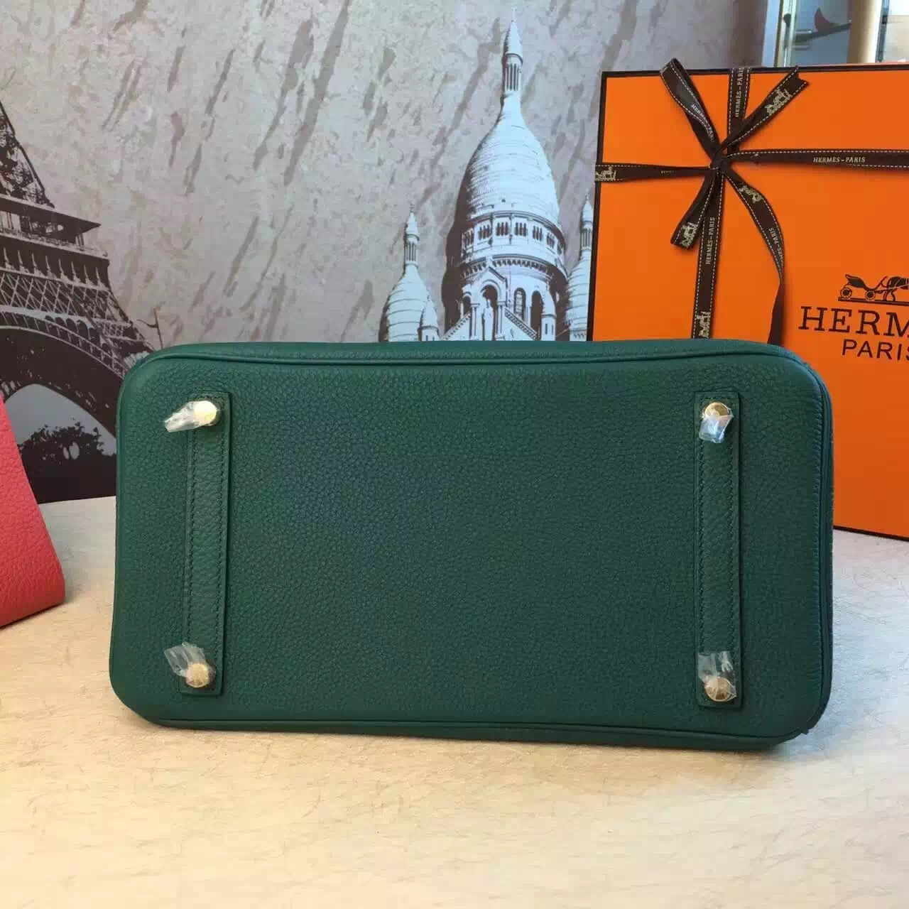 Hermes top leather green Birkin handbags