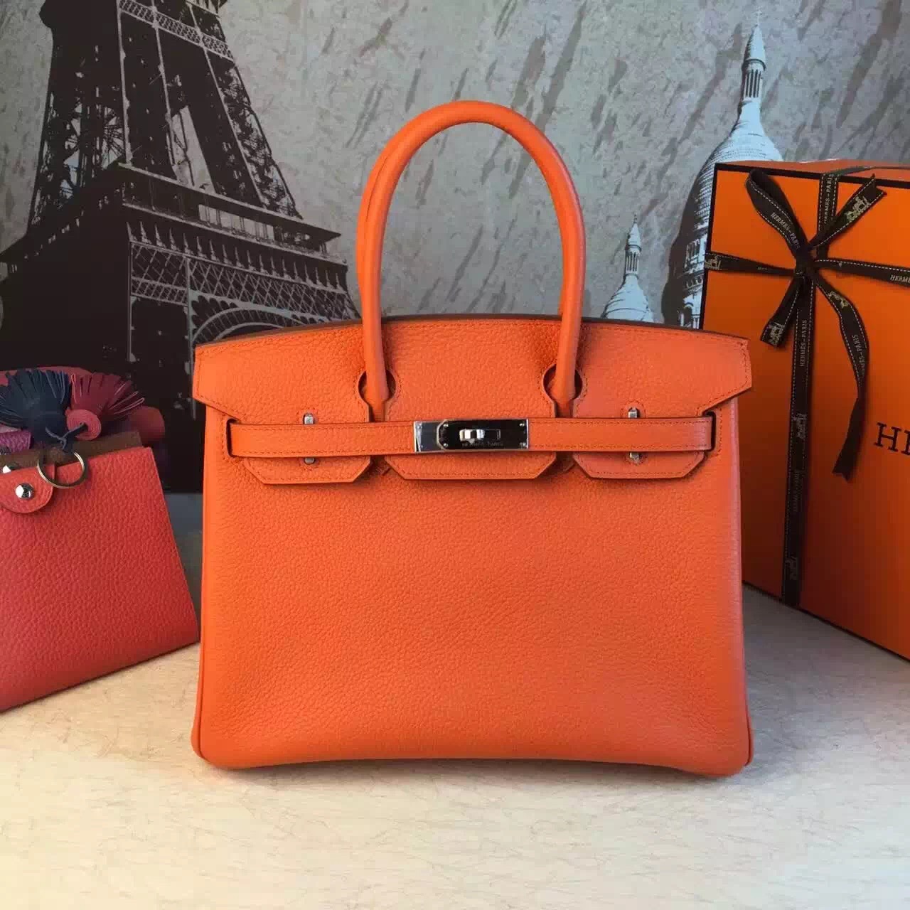 Hermes top leather orange Birkin handbags