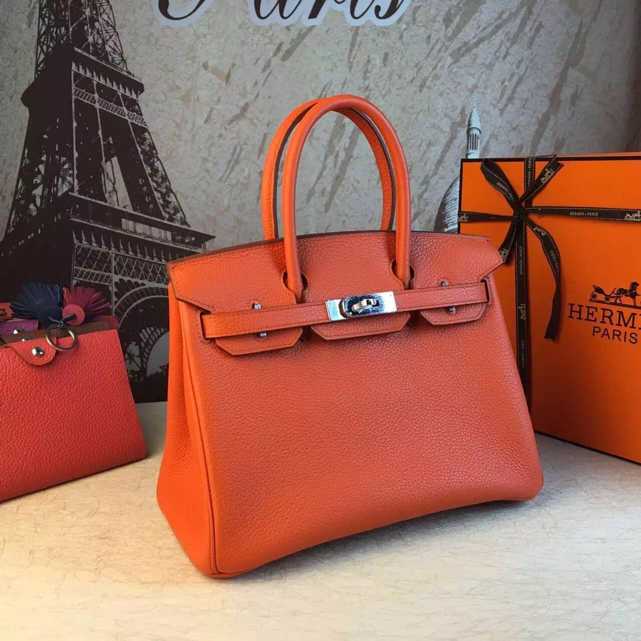 Hermes top leather orange Birkin handbags