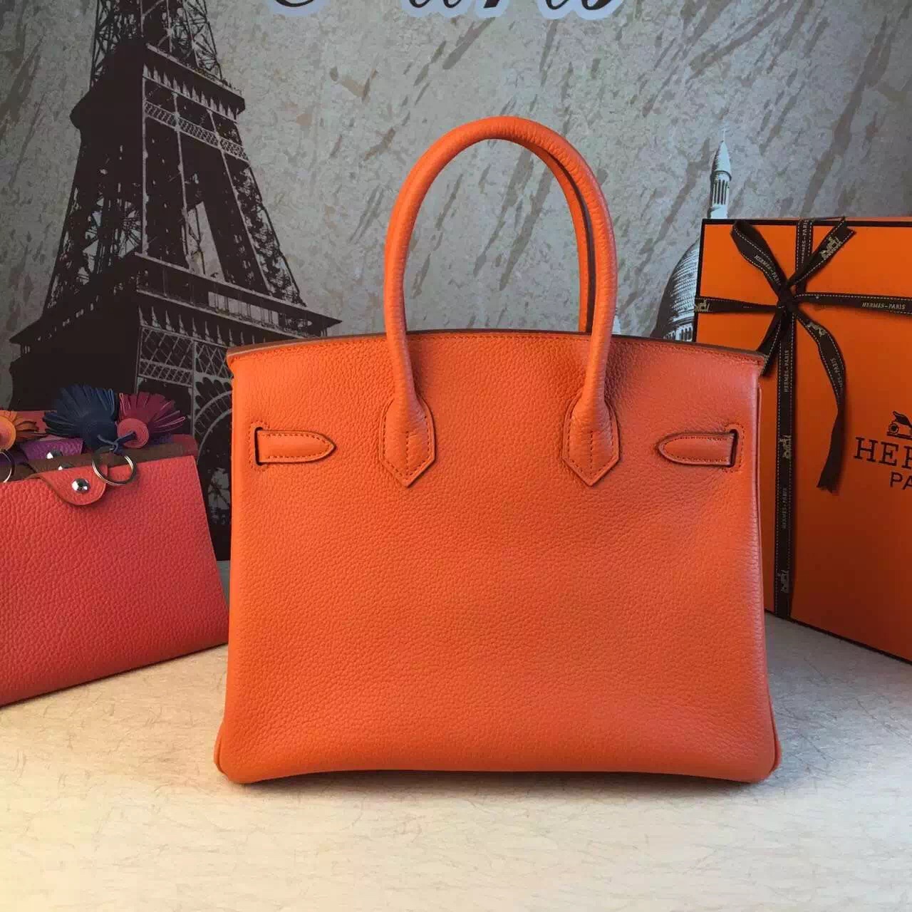 Hermes top leather orange Birkin handbags