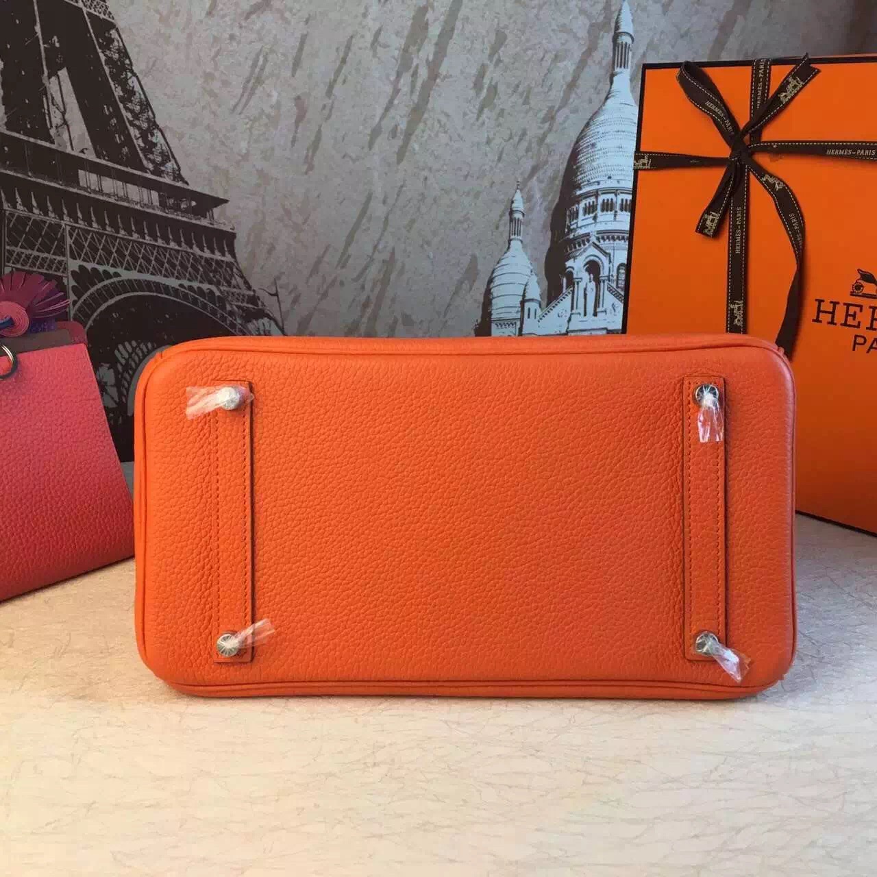 Hermes top leather orange Birkin handbags