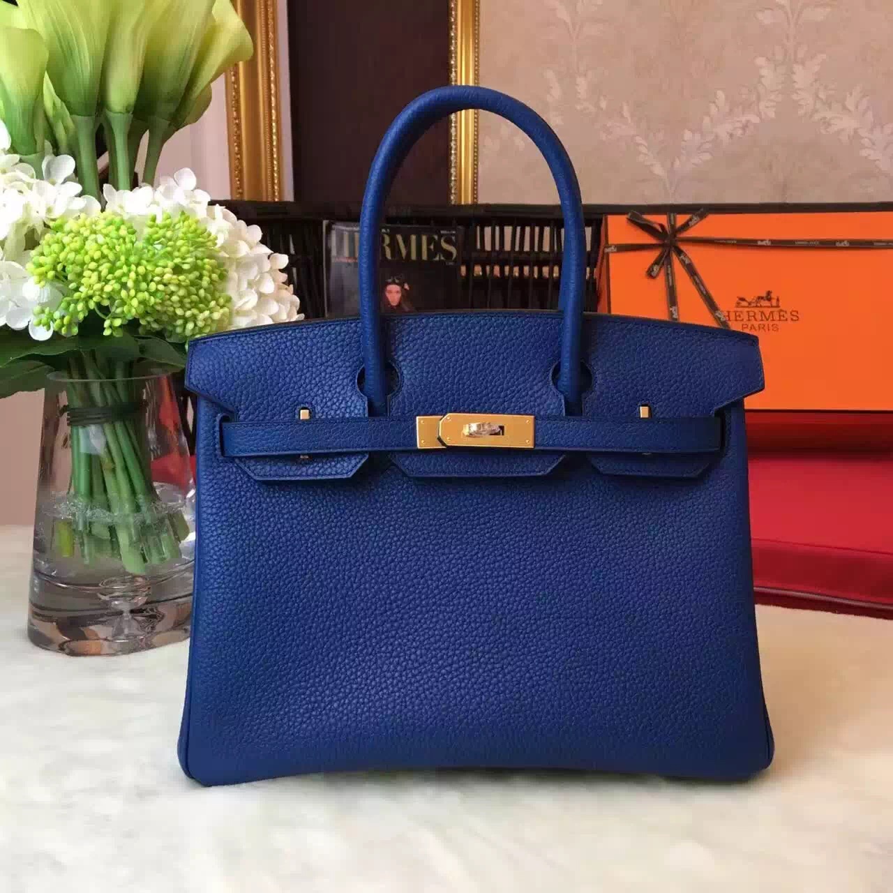 Hermes top leather navy Birkin handbags