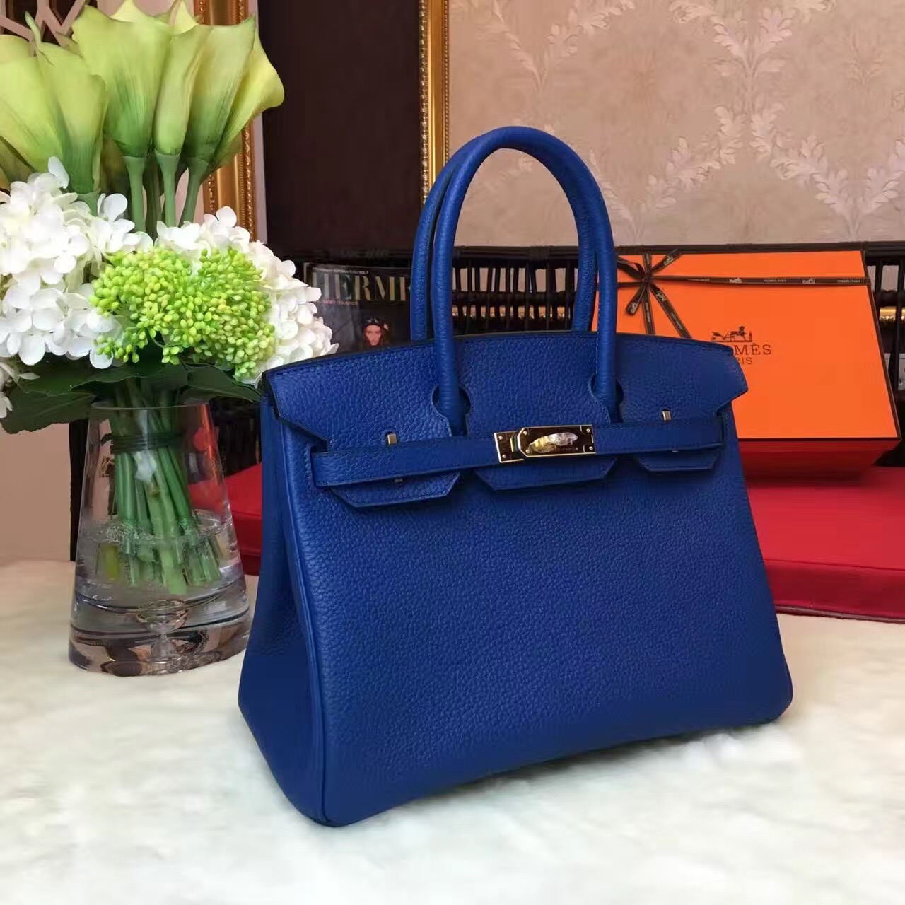 Hermes top leather navy Birkin handbags