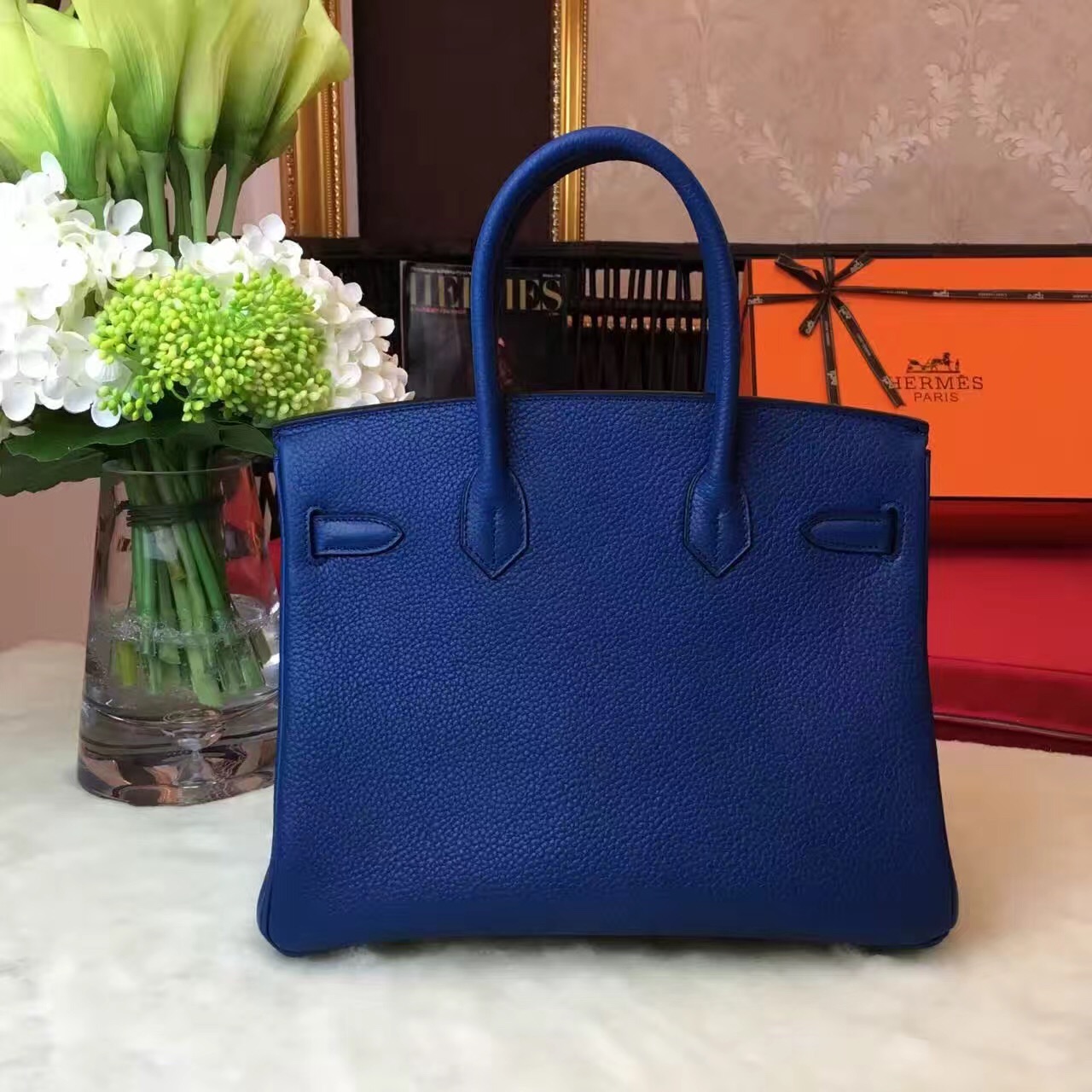 Hermes top leather navy Birkin handbags