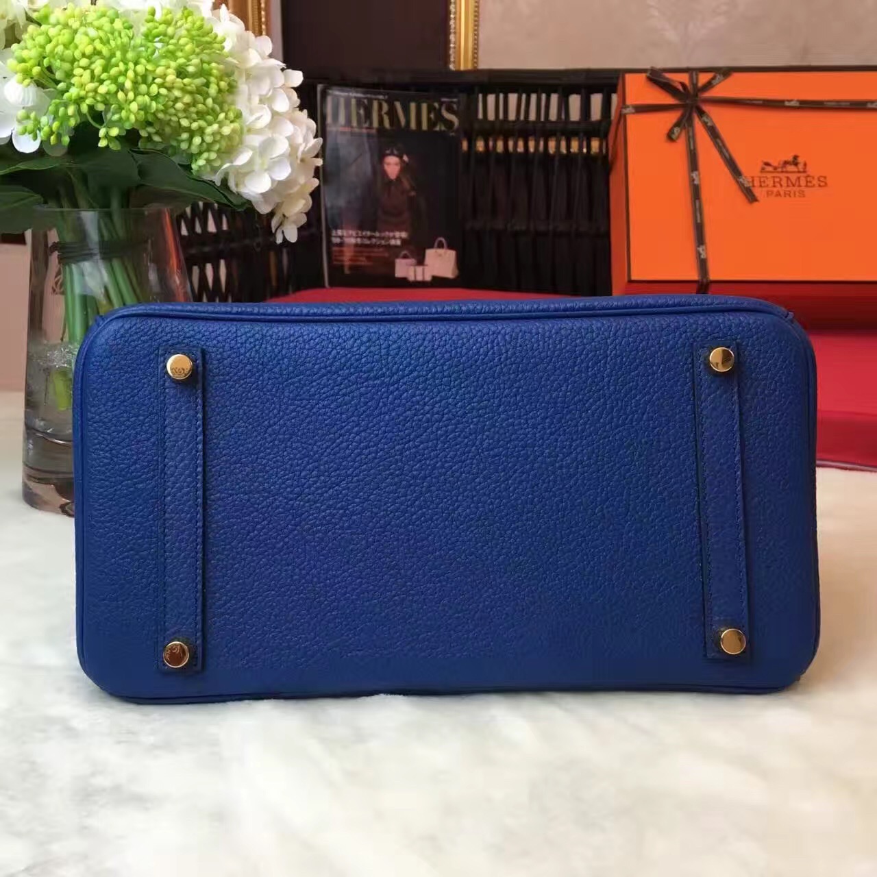 Hermes top leather navy Birkin handbags