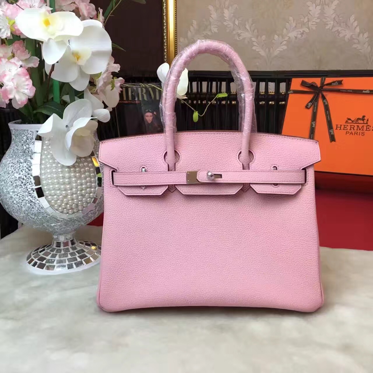 Hermes top leather pink Birkin handbags