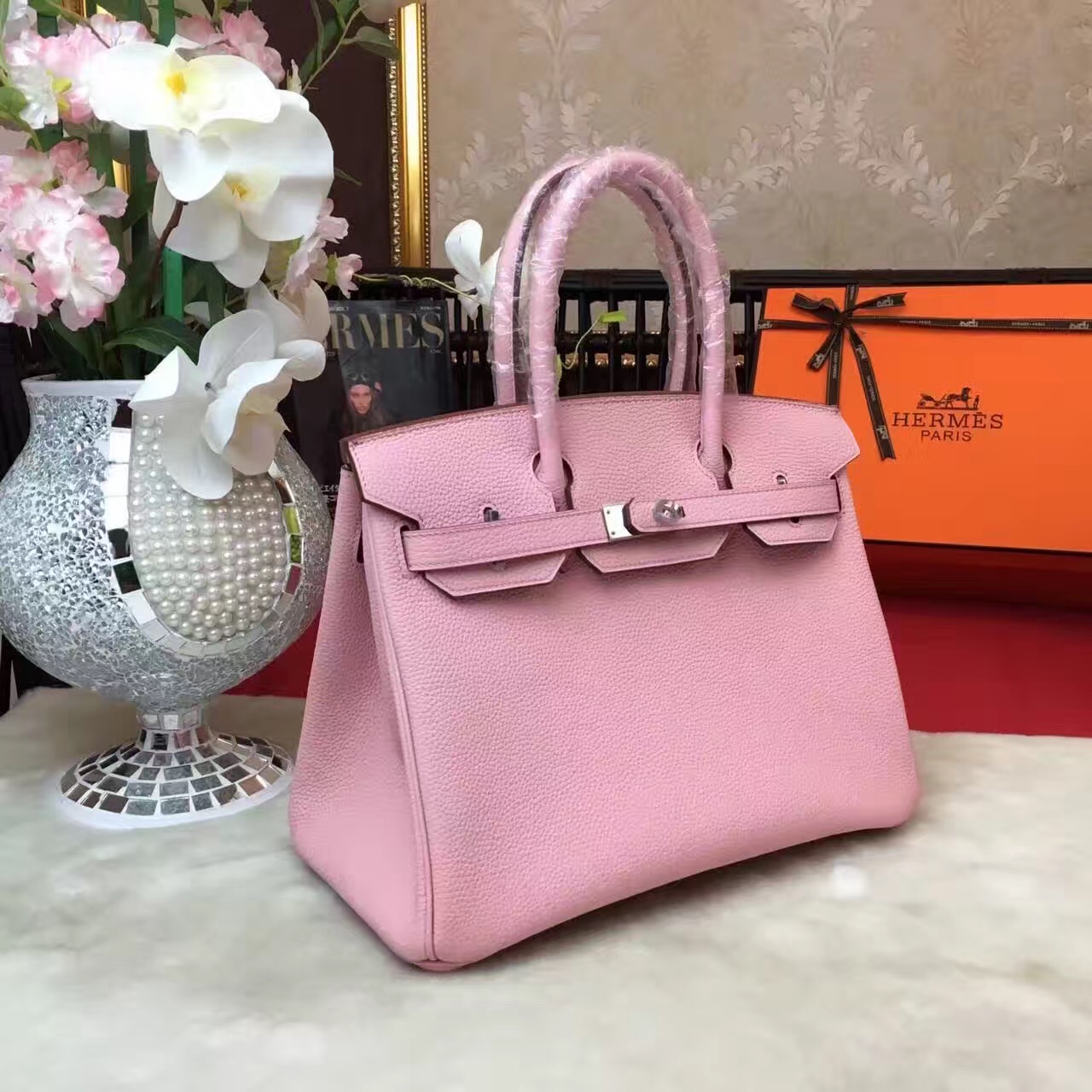 Hermes top leather pink Birkin handbags