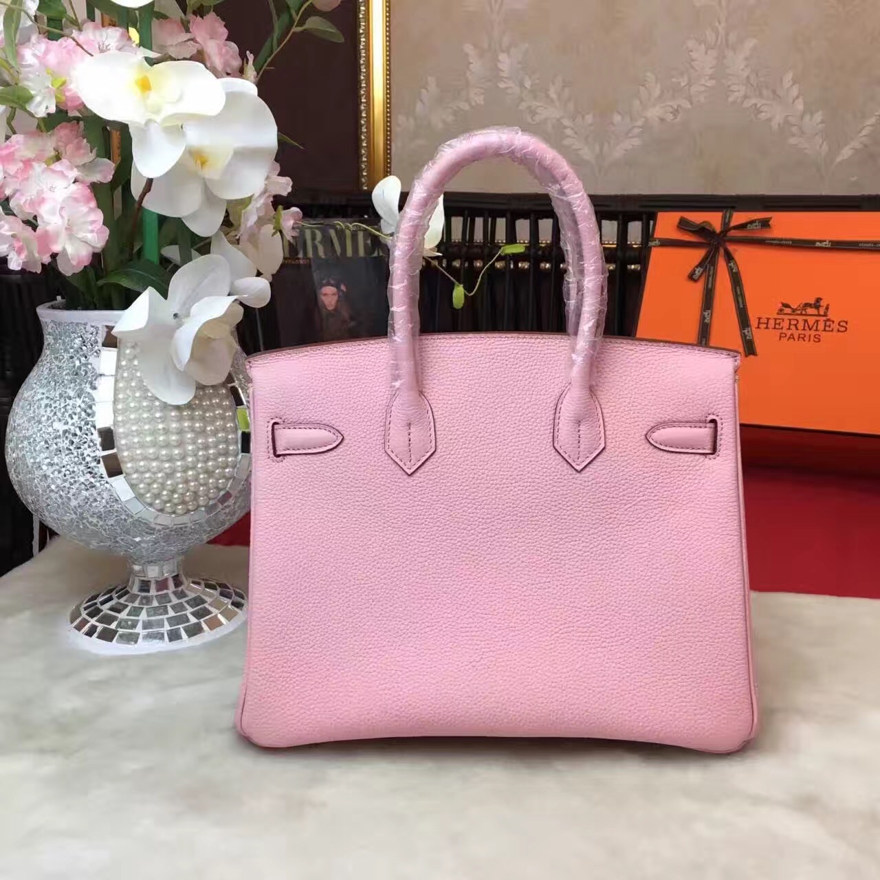 Hermes top leather pink Birkin handbags