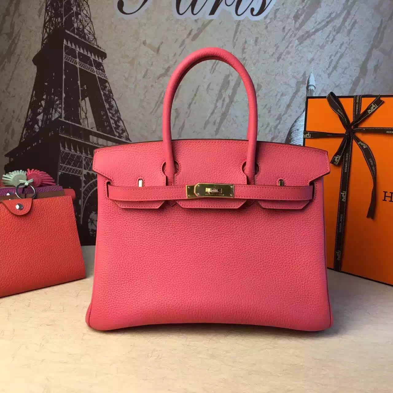 Hermes top leather Birkin rose red handbags