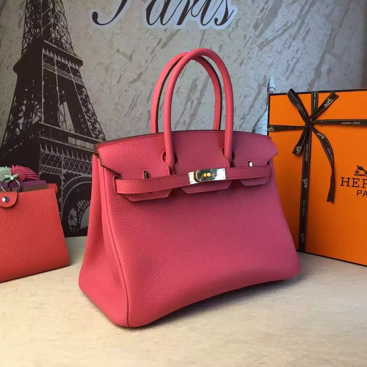 Hermes top leather Birkin rose red handbags