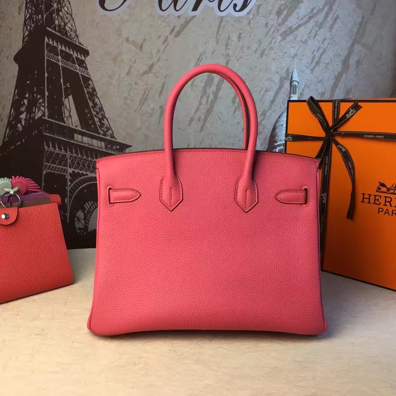 Hermes top leather Birkin rose red handbags