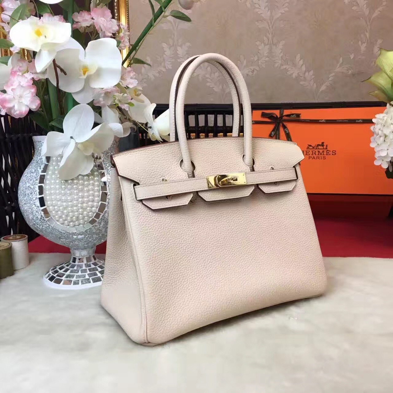 Hermes top leather cream Birkin handbags