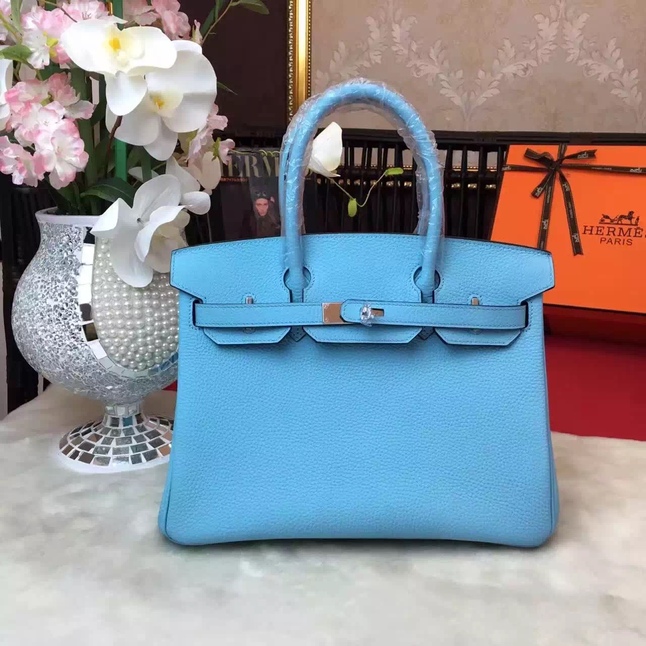 Hermes top leather blue Birkin handbags