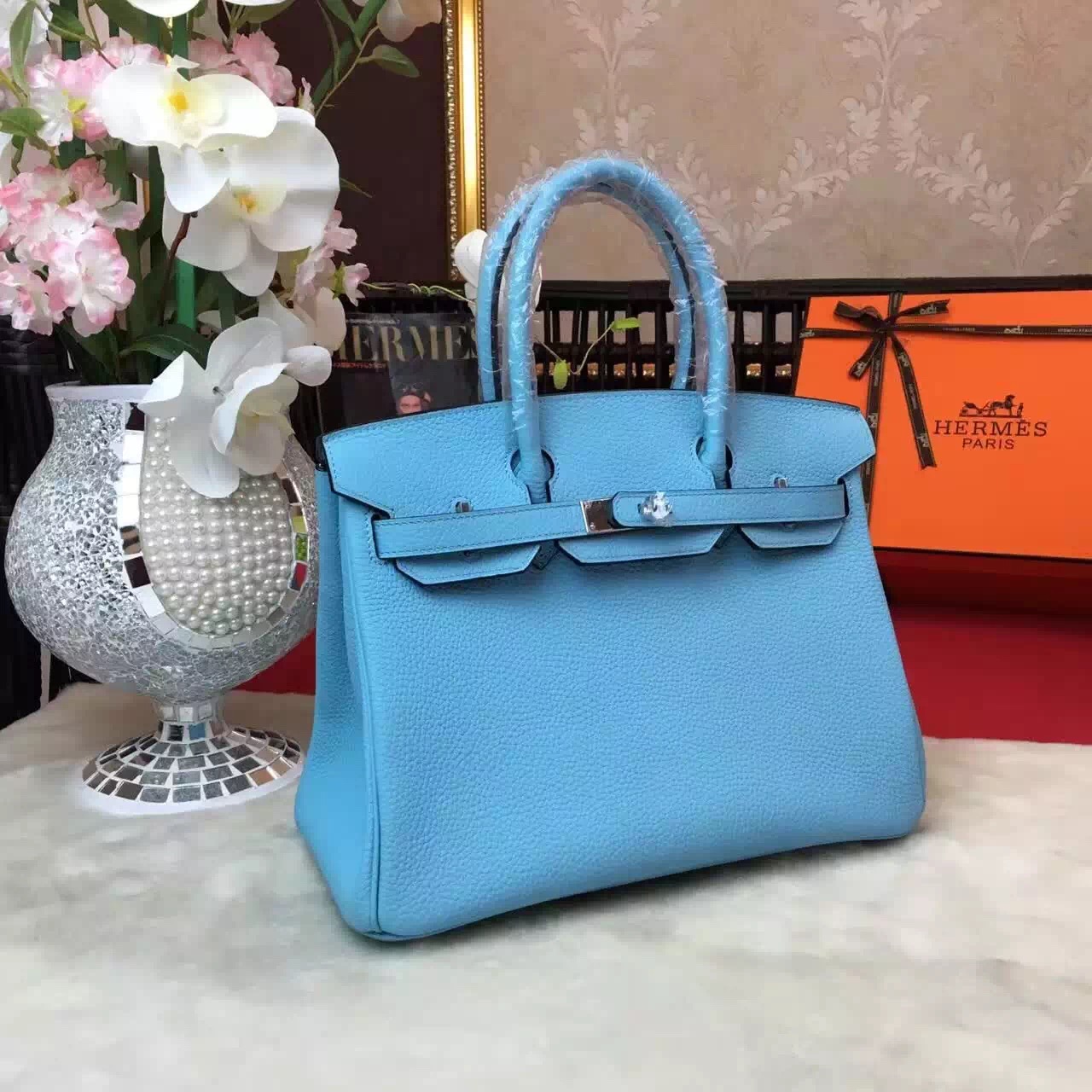 Hermes top leather blue Birkin handbags