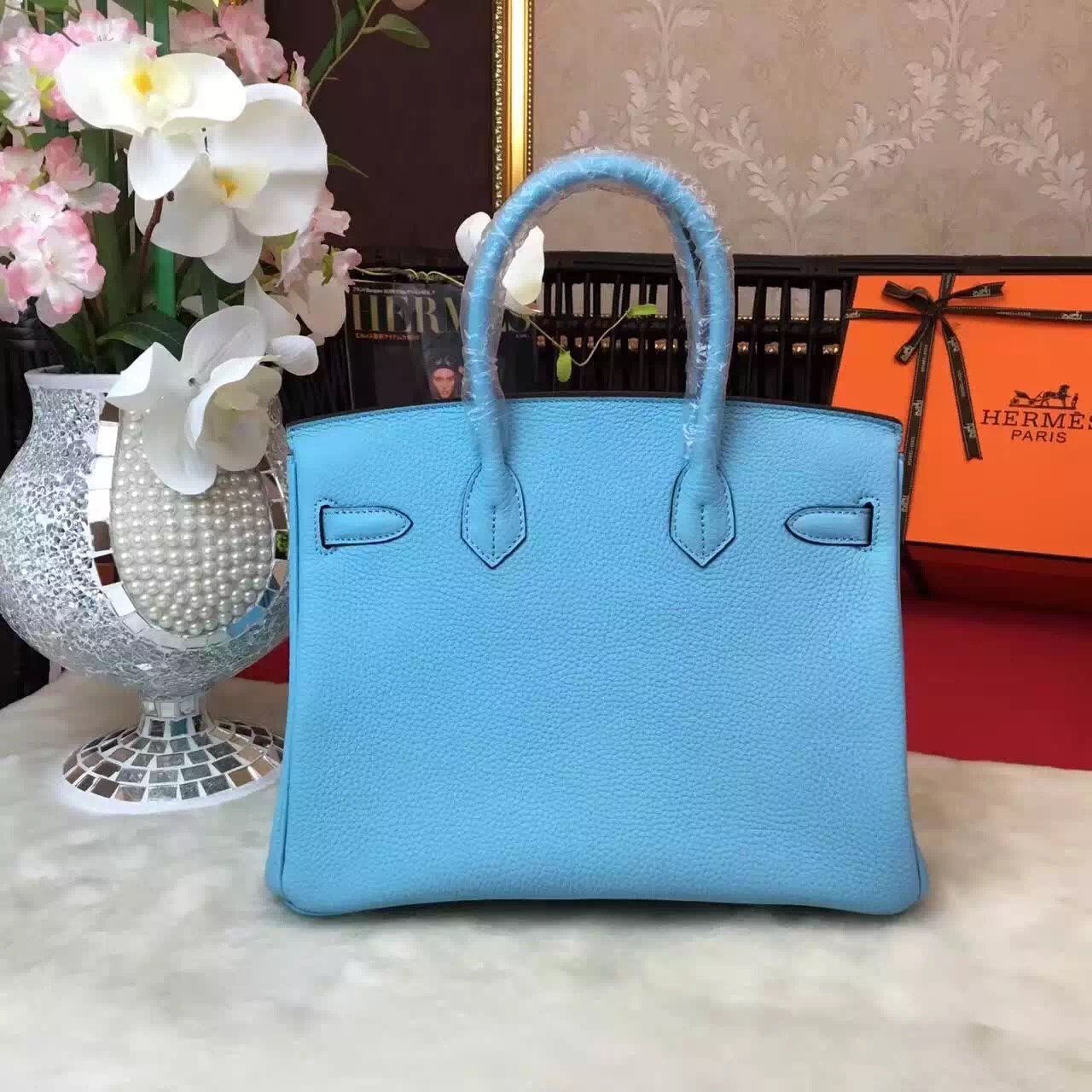 Hermes top leather blue Birkin handbags