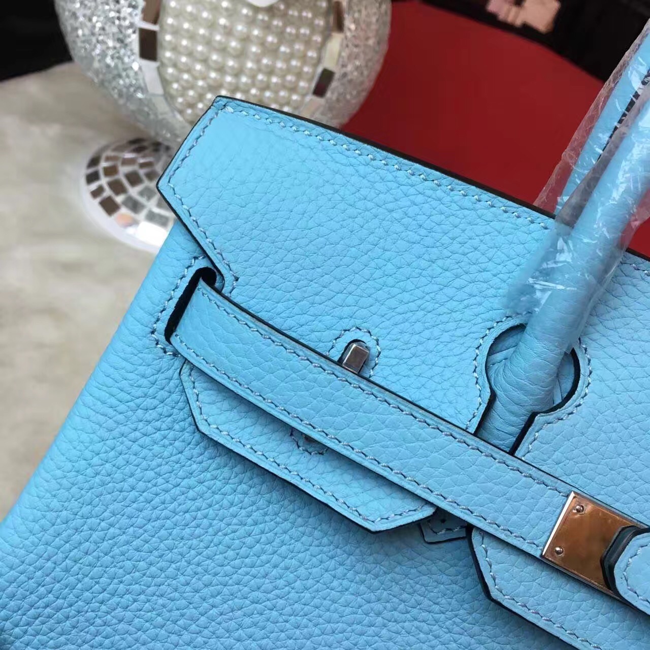 Hermes top leather blue Birkin handbags