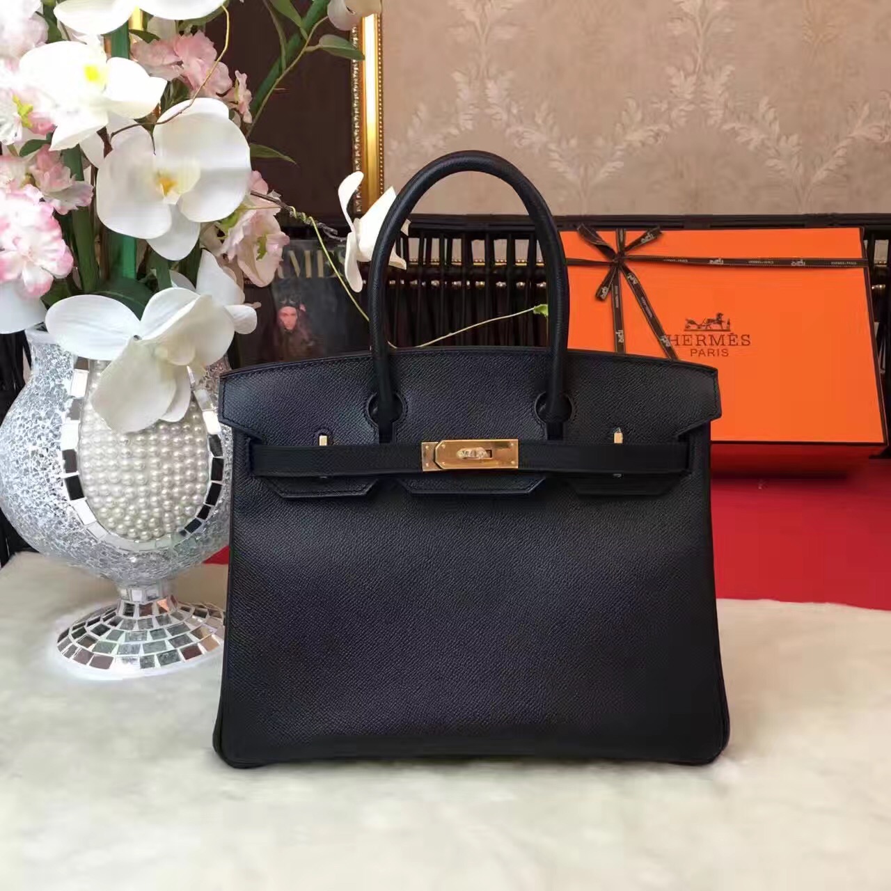 Hermes Epsom Birkin black top leather handbags