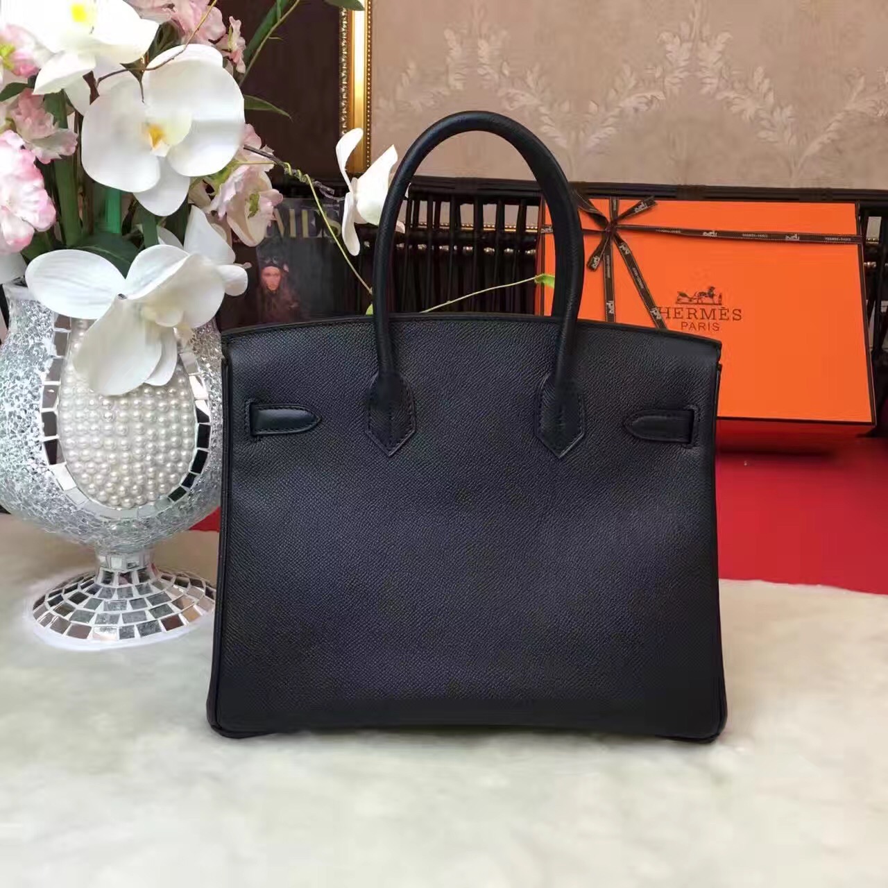 Hermes Epsom Birkin black top leather handbags