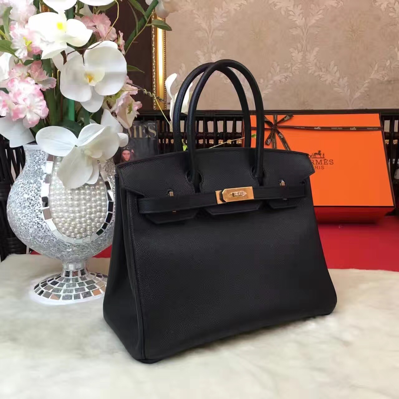 Hermes Epsom Birkin black top leather handbags