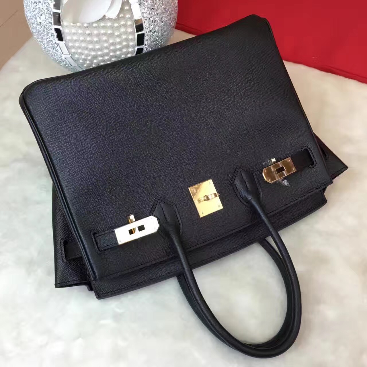 Hermes Epsom Birkin black top leather handbags