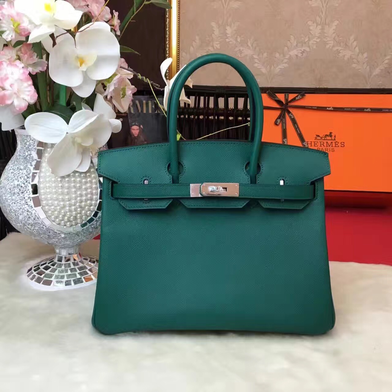 Hermes Epsom Birkin green top leather handbags
