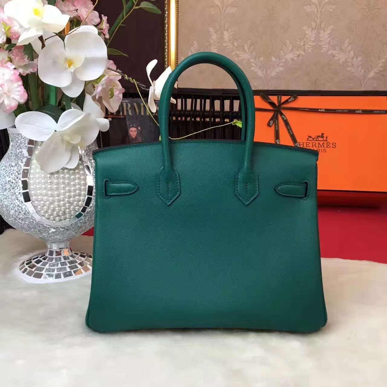 Hermes Epsom Birkin green top leather handbags