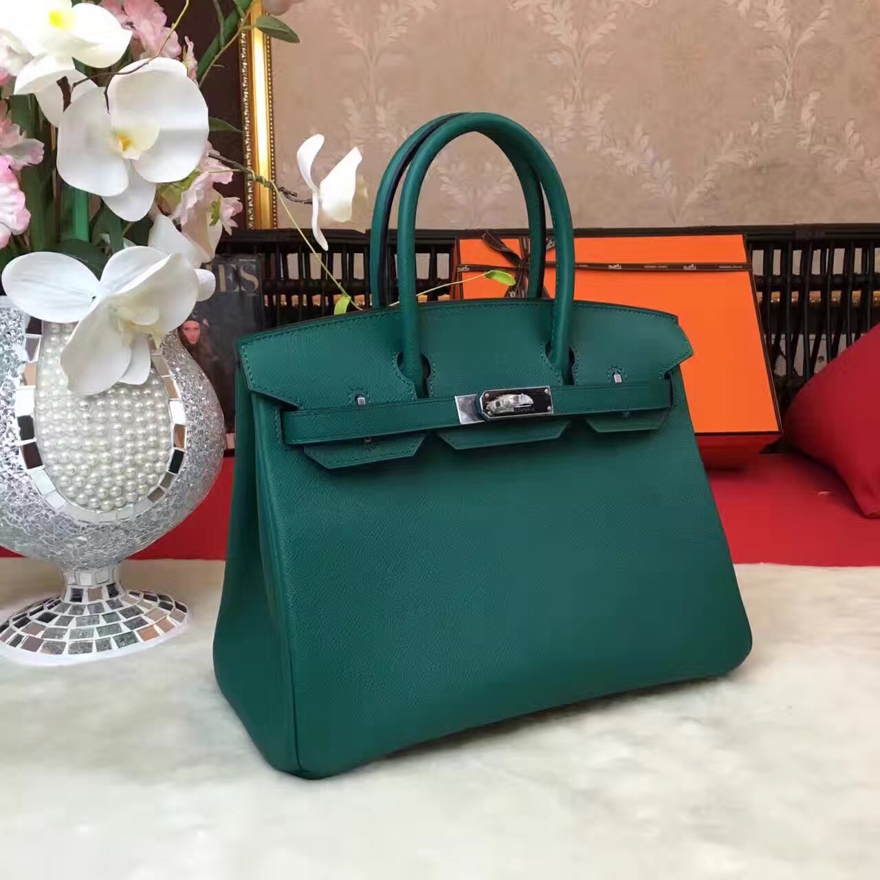 Hermes Epsom Birkin green top leather handbags