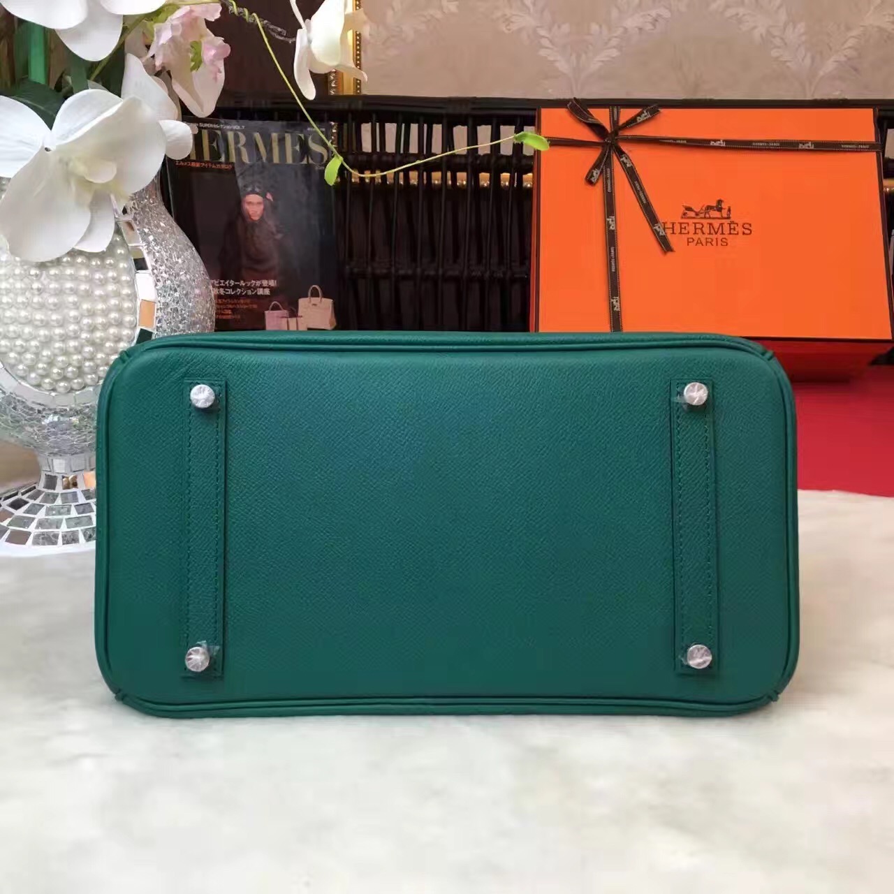 Hermes Epsom Birkin green top leather handbags