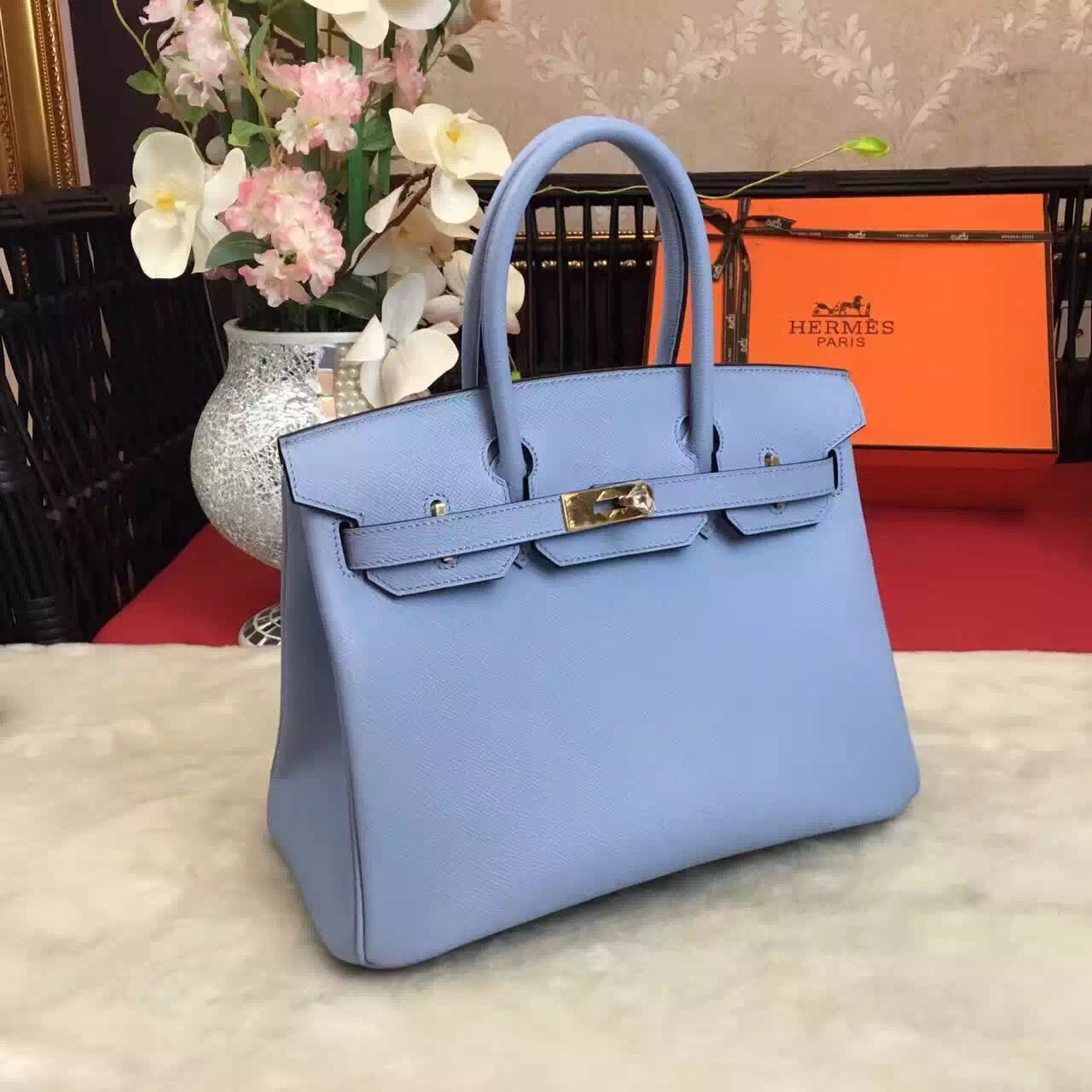 Hermes Epsom Birkin sky top leather handbags